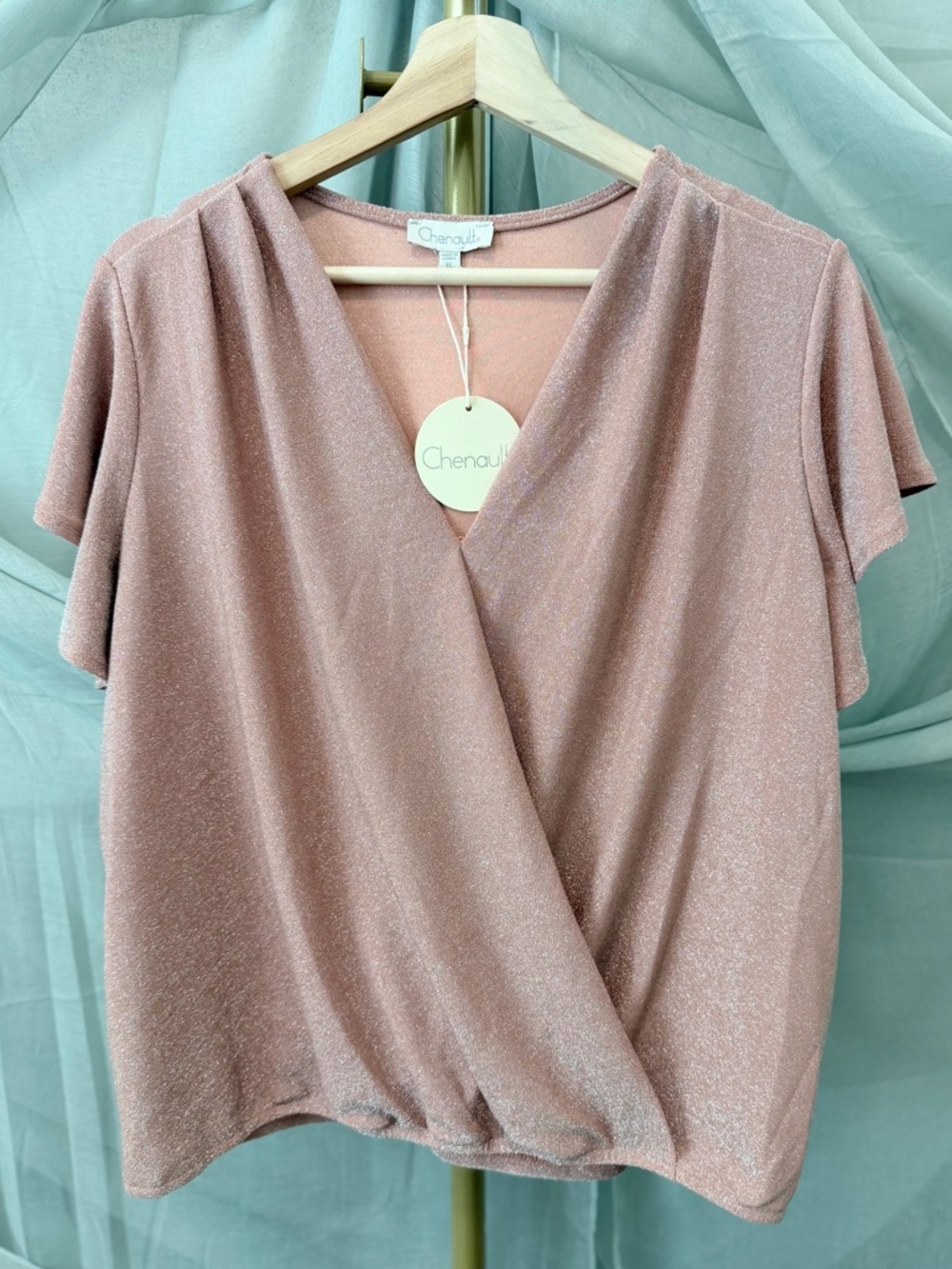 Chenault Rose Gold Shimmer Faux-Wrap Top - Picture 2 of 6